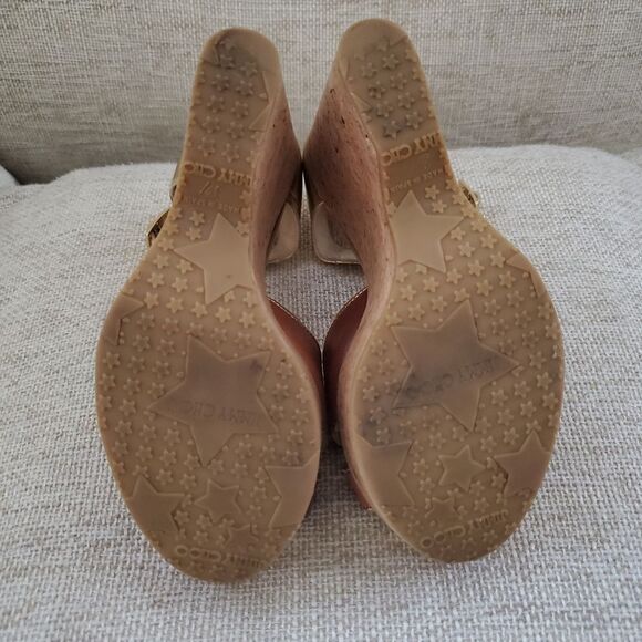 Jimmy Choo Brown/Metallic Gold Leather Pape Mirrored Cork Wedge Sandals Size 7 - Picture 15 of 16